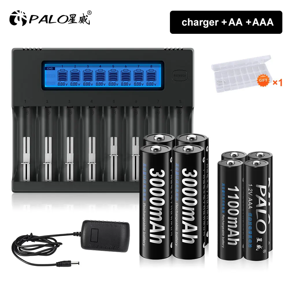 

PALO 3000mAh 1.2V NI-MH AA Rechargeable Batteries+1100mAh 1.2V NI-MH AAA Rechargeable Battery AA AAA Battery with Smart Charger