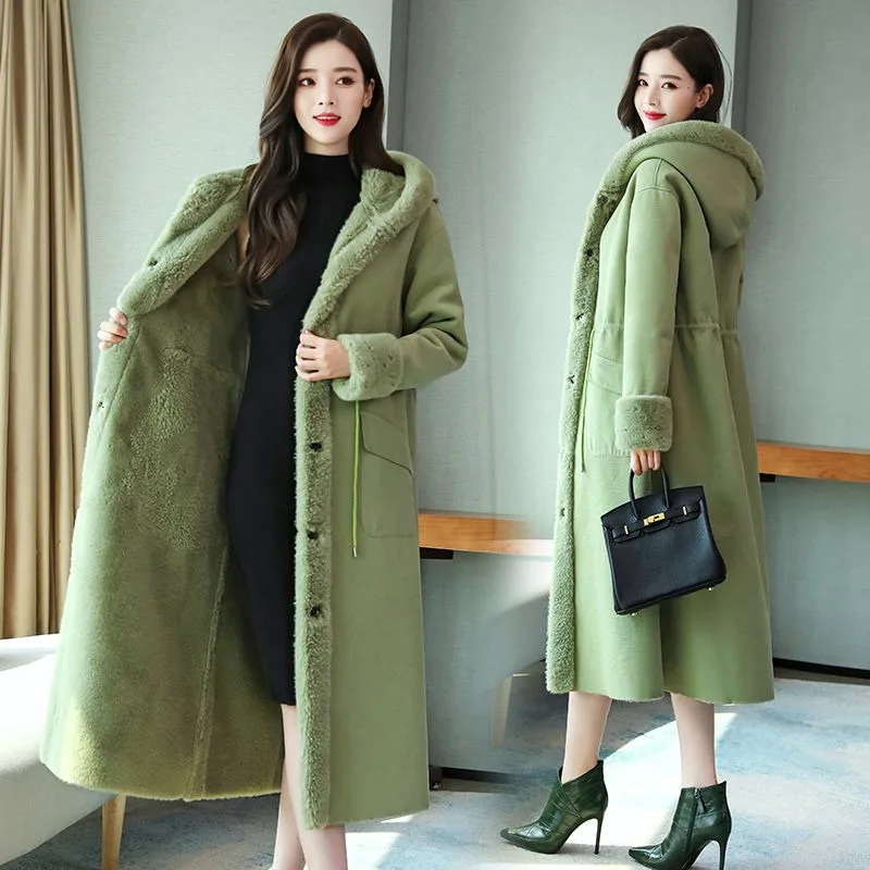 2023 Winter New Women Faux Fur Coat Thicken Thermal Slim Fit Vintage Outwear Female Long Below The Knee Fashion Hooded Parkas