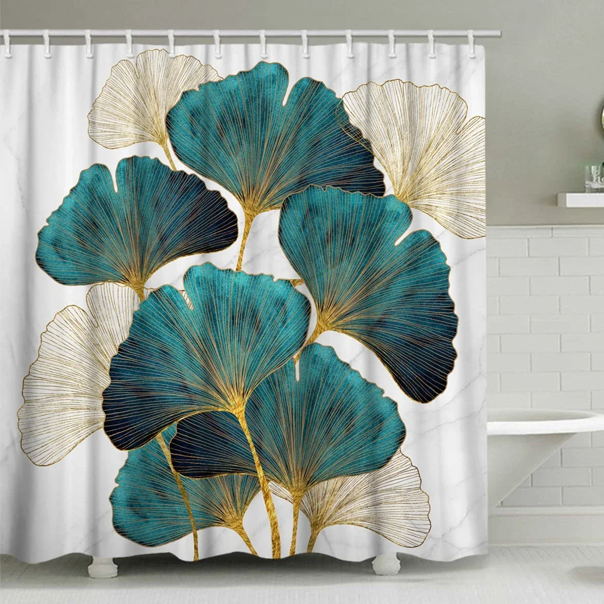 

Зеленая душевая занавеска Ginkgo Biloba с золотыми листьями гинкго, современные занавески для ванной комнаты, набор водонепроницаемых ботанических занавесок для ванны