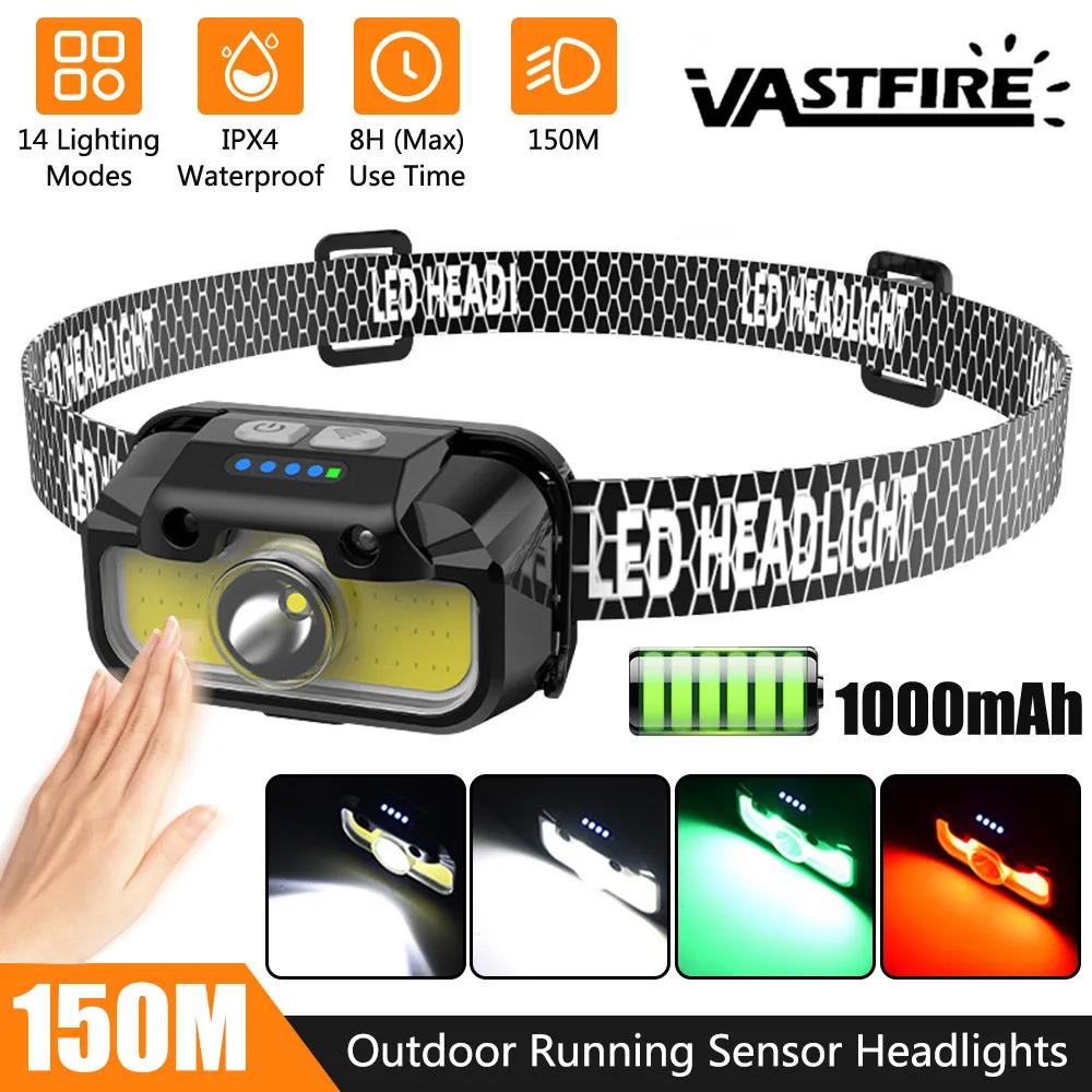 VASTFIRE LED Headlamp Motion Sensor, 14 Modes USB Rechargeable Strong Light Outdoor Fishing Camping Work Headlight