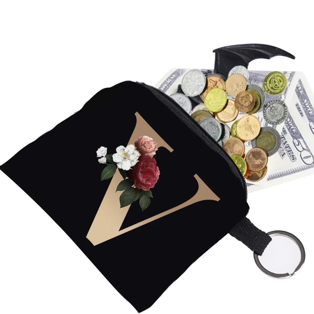 Wallet Unisex Coin Bag Earplugs Key Storage Bag Small Object Ring Buckle Organizer Black Canvas Gold Letter Print Pattern Series