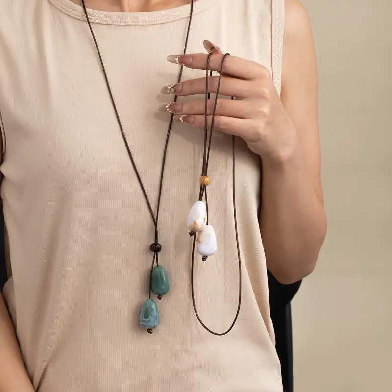 Elegant Long Oval Pendant Necklace New Chinese Style Forest System Simple Vintage Zen Fashion Design Jewelry Accessory