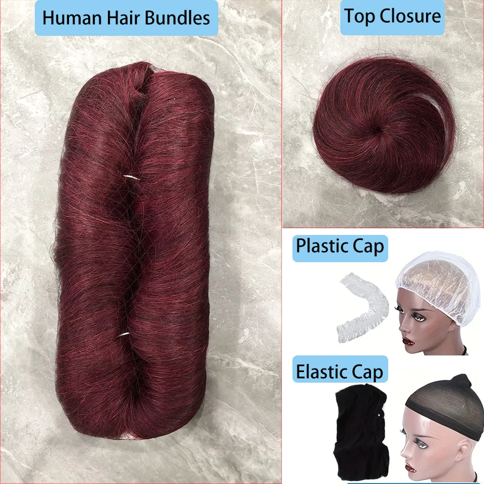 28PCS Brazilian Short Human Hair Extensions One Pack For A Full Head 100% Human Hair Bundles With Free Closure Straight 99JColor 2