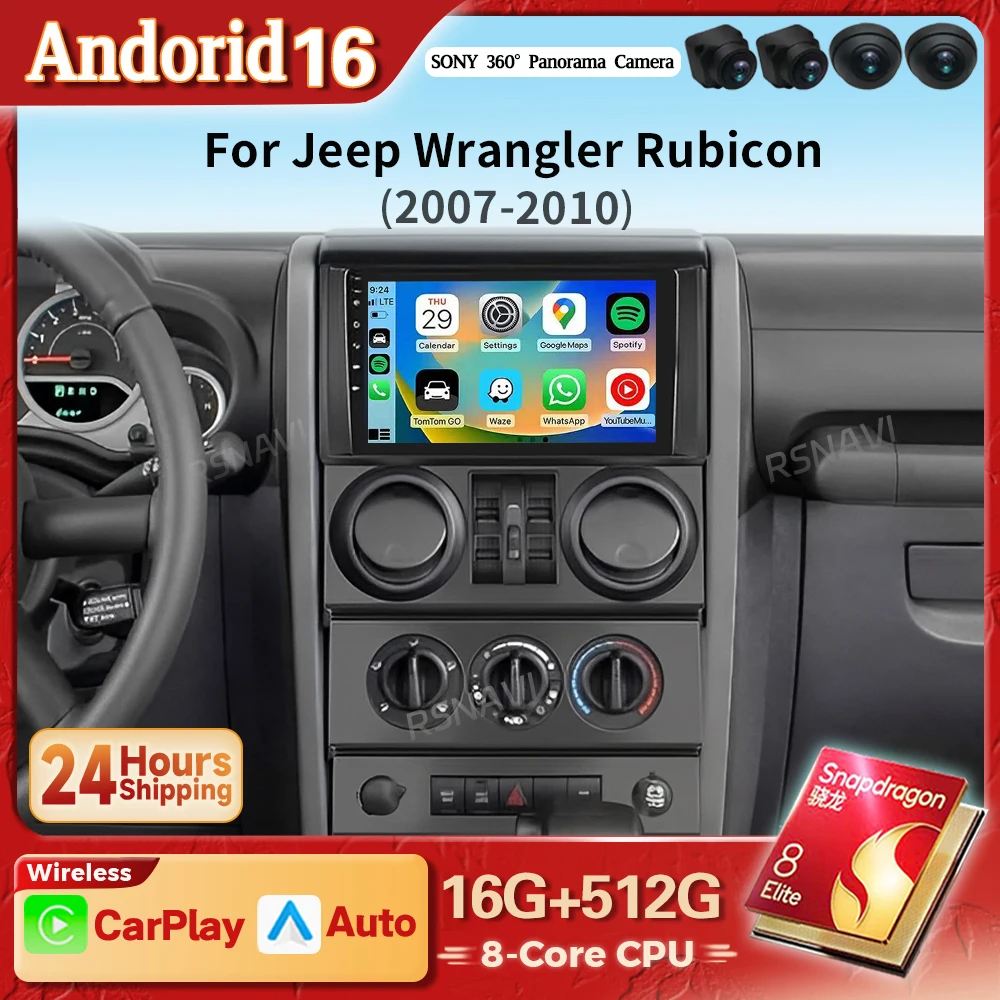 Radio Multimedia para Auto con Pantalla 2K y Android 16 Carplay para Jeep Wrangler Rubicon 2007 - 2010, Autoradio 2din con Bluetooth y Snapdragon 1