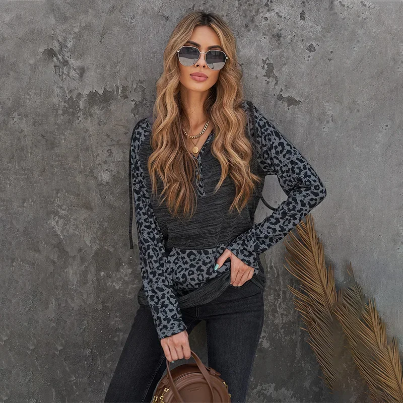 Women Sweatshirts Casual Hooded Collar Loose Pocket Pullover 2024 Spring Autumn Fashion Leopard Patchwork Long Sleeve Lady Tops