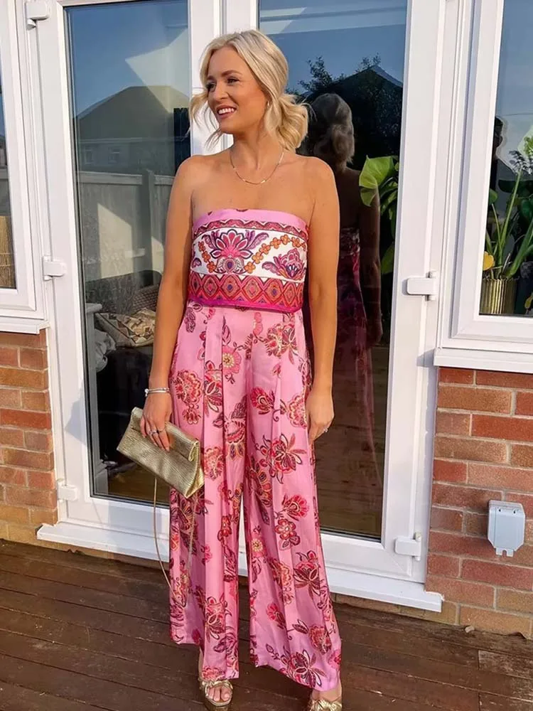 

Jastie Summer New Print Tube Top Jumpsuit Women Boho Casual Vacation Suit Fashion Loose Wide Leg Pants Set For Women 2023