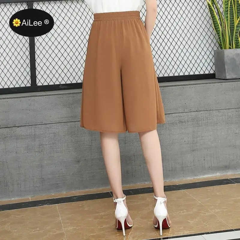 Oversize 5XL Summer Women's Pleated Chiffon Shorts Skirts Office Style Loose Casual Wide Leg Knee Length Short Drawstring Shorts