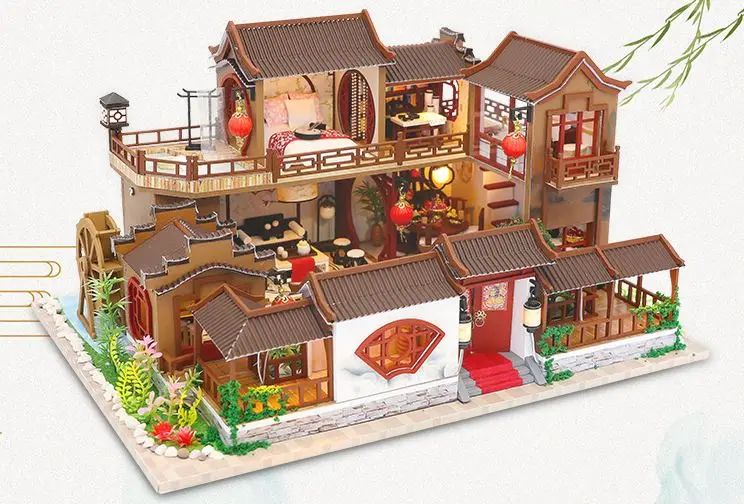 DIY Assembly Wooden Doll House with Resin Miniatures Leds Creative Gift for Children 