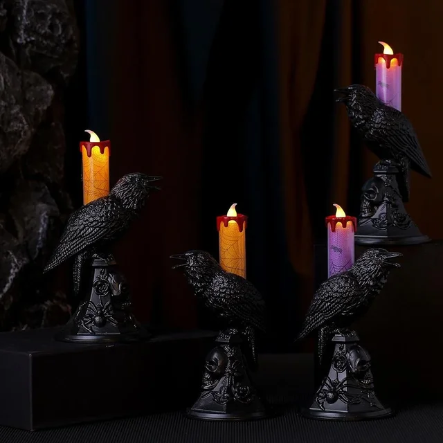 New Black Crow Statue Glowing Candlestick LED Candles Lights Halloween Home Decorations Table Lamp Scary Ornaments Home Supplies 2