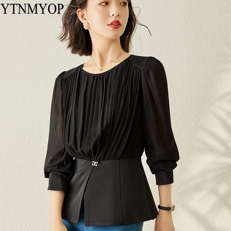 

Fashion Spring Blouses Women Office Lady Pleated Chiffon Shirt YTNMYOP