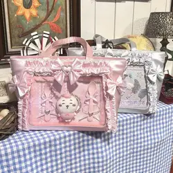 Lace Bow Ribbon JK Uniform Style Portable Tote Bag - Sweet and Cool Girl Ulzzang Ita Bag - 35X28X12CM (Pink Only Bag)