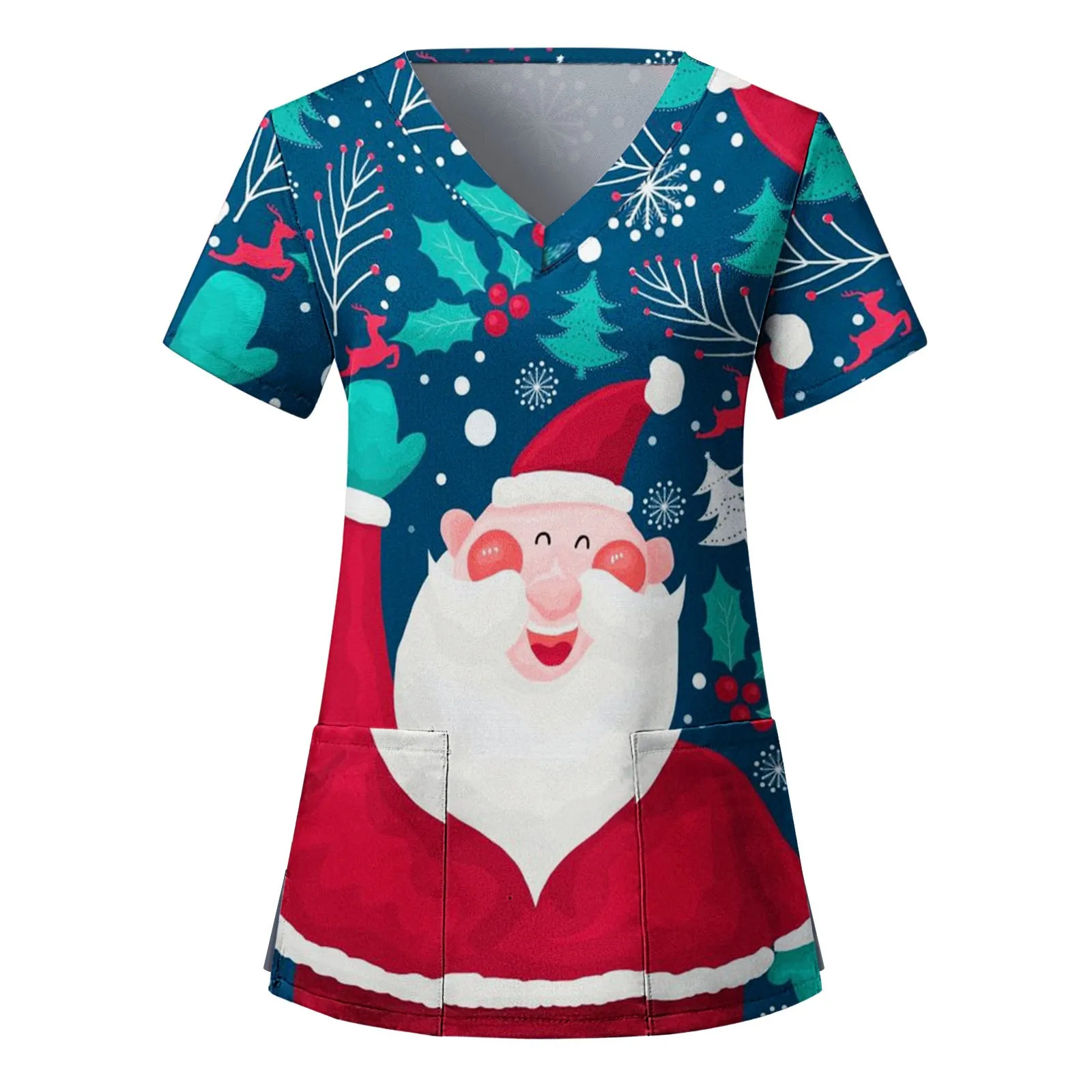 Nurse scrubs top Nurse Uniform Scrubs Women Christmas Print Short Sleeve V-neck Tops Working Uniform Medical Nursing Xmas Workers Scrubs Workwear
