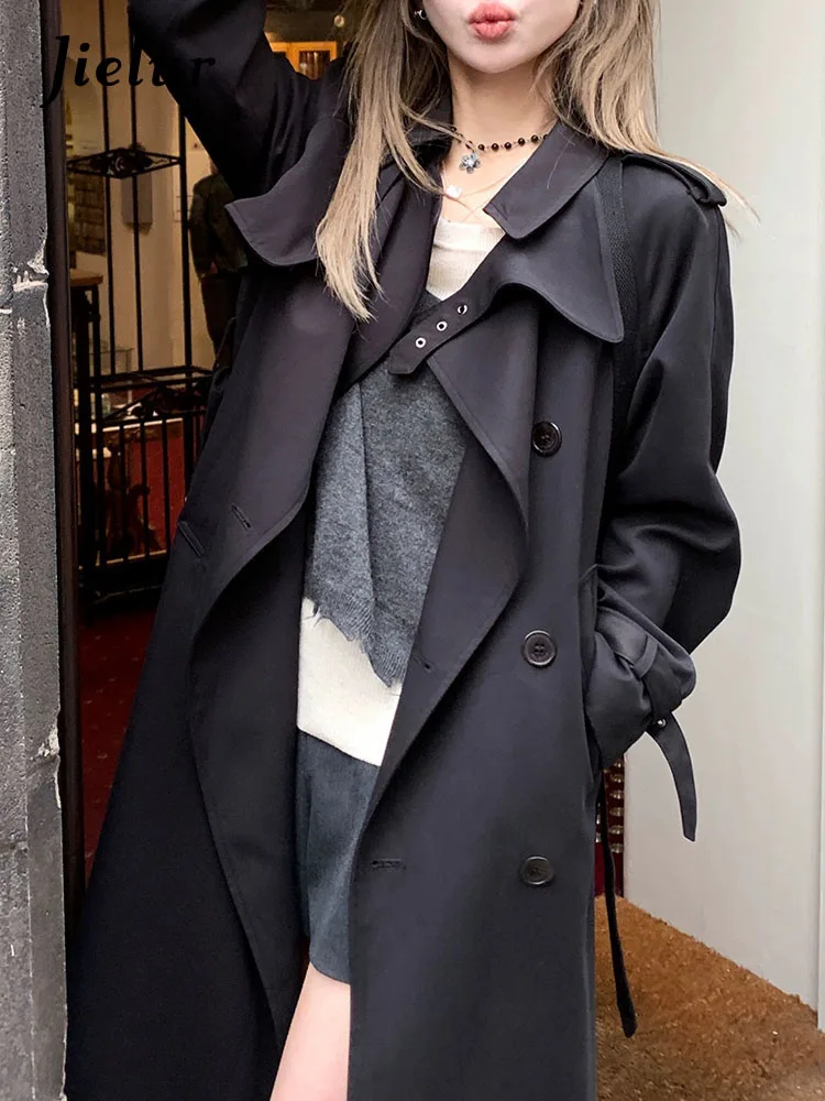 

Jielur Loose Black Fashion Female Trench Winter Solid Color Chic Buttons Simple Women's Trench Basic Office Ladies Streetwear