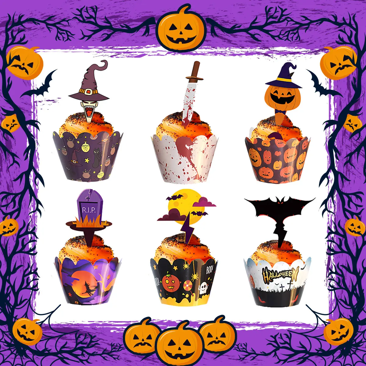 

16Pcs Halloween Cupcake Wrappers Pumpkin Spiderweb Bat Witch Cake Toppers Halloween Party Decoration Baking Cup Party Supplies