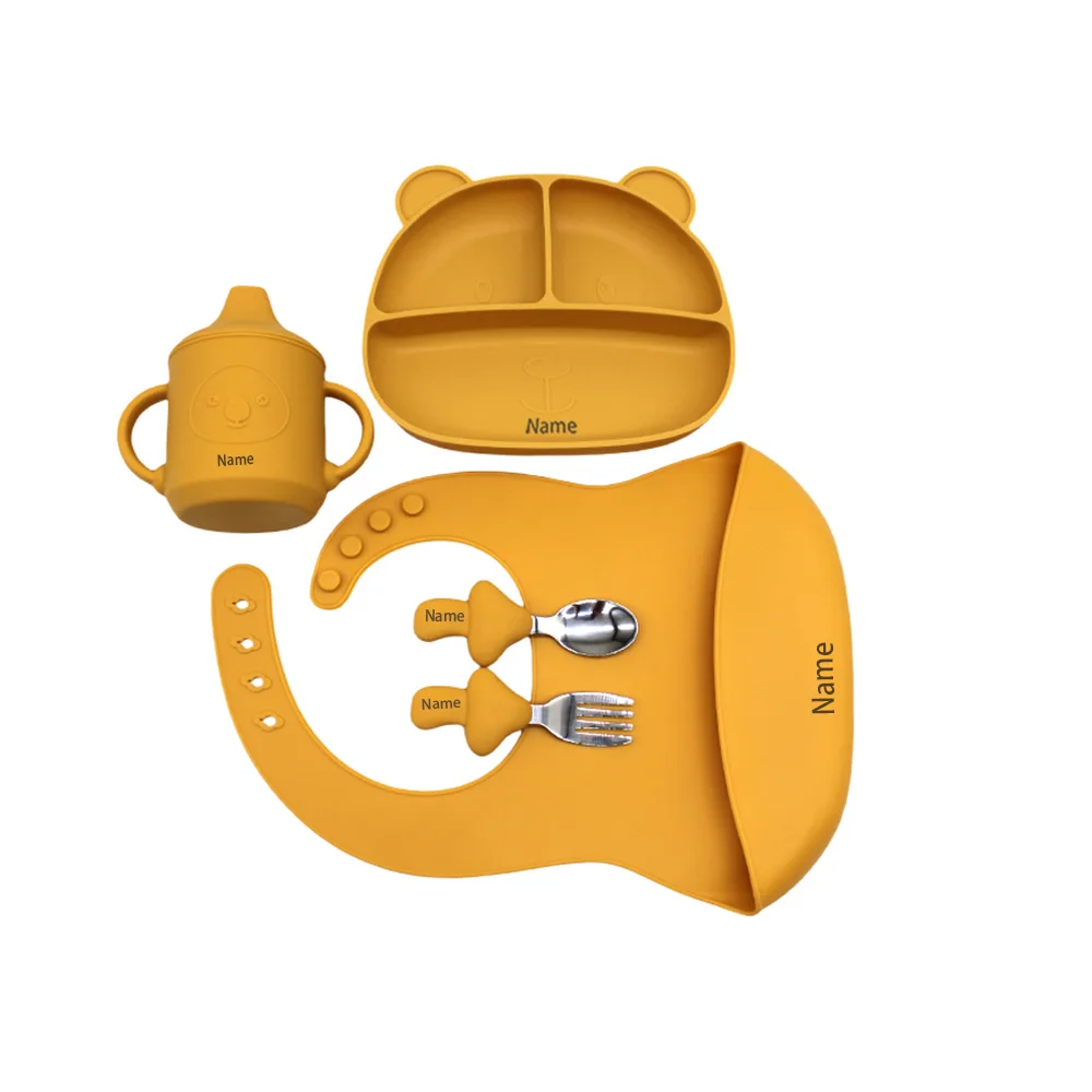 5-Piece Silicone Tableware Set with Free Name Engraving Creative Gifts Customized for Boys and Girls