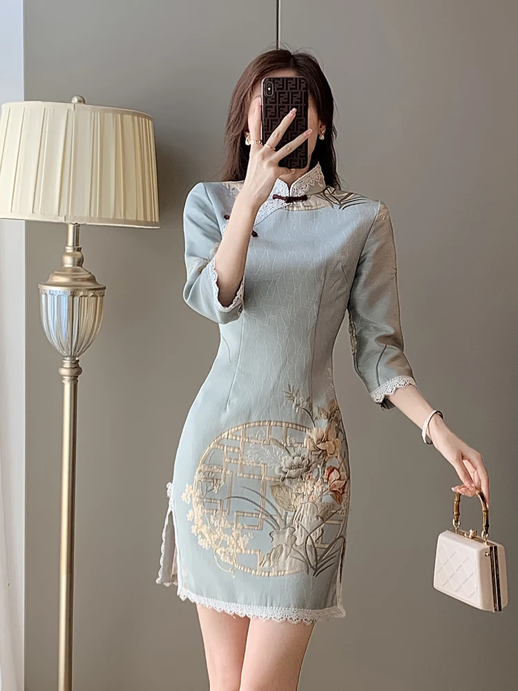 

2023 Chinese New Year Vintage Costume Chirpaur Blue Dress Cheongsam