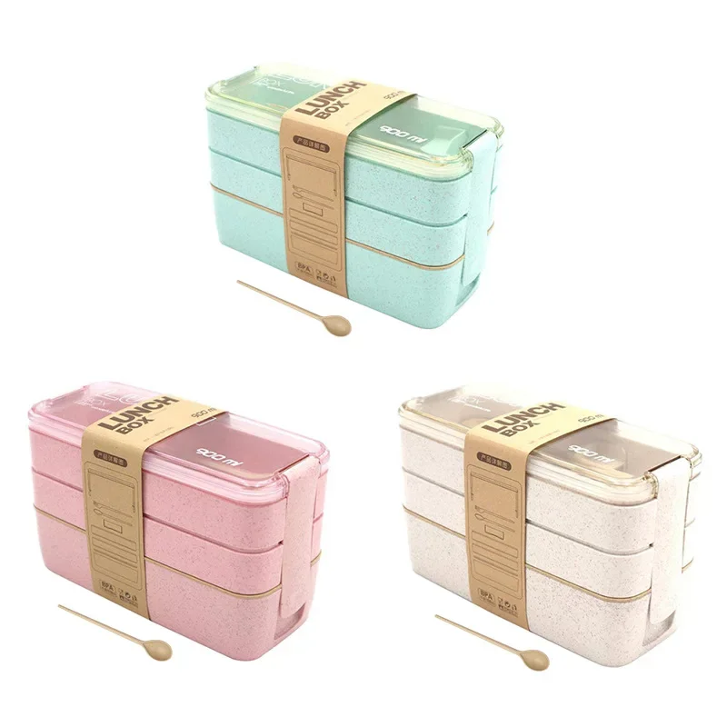 900ml Healthy Material Lunch Box 3 Layer Wheat Straw Bento Boxes Microwave Dinnerware Food Storage Container Lunchbox 2
