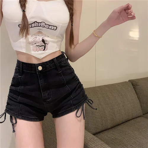 여성용 데님 부티 반바지, 하이 웨이스트 드로스트링 진 반바지, 섹시한 짧은 청바지, 캐쥬얼 패션, 멋진 여성 반바지, 2 4