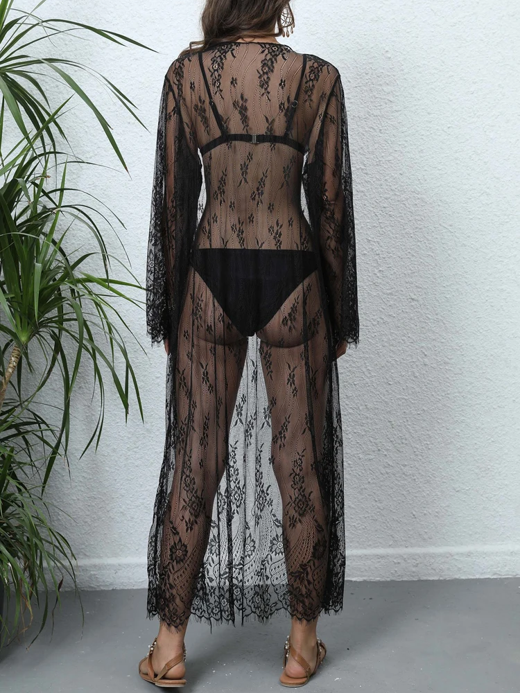 Sexy Lace Sand Beachwear Long Cardigans Summer Female Lace Patchwork See-Through Transparent Sunscreen Cover Up swimsuit cover up,swimsuit coverup,fishnet cover up