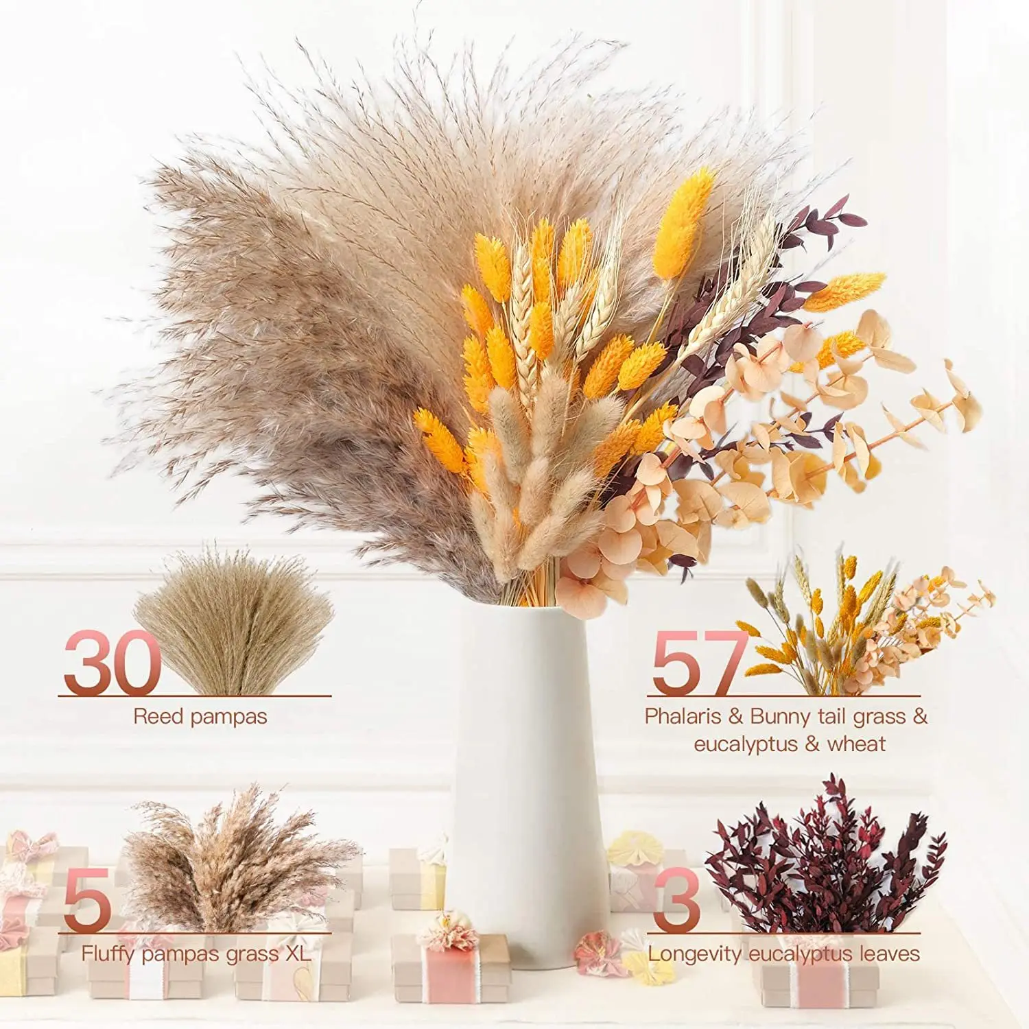

95PCS Natural Pampas Grass Dried Flower Bouquet Boho Home Decor for Wedding Baptism Decoration Gift for Party DIY Small Plant