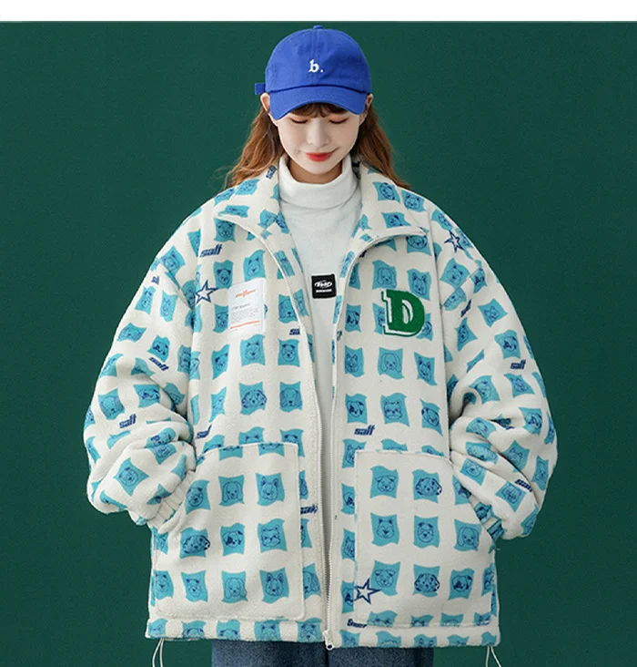 fur parka Harajuku Plaid Winter Jacket Wool Zip Up Coat Oversize Streetwear 2022 Men Women Korean Fashion Outwear Male Clothing Pink green parka