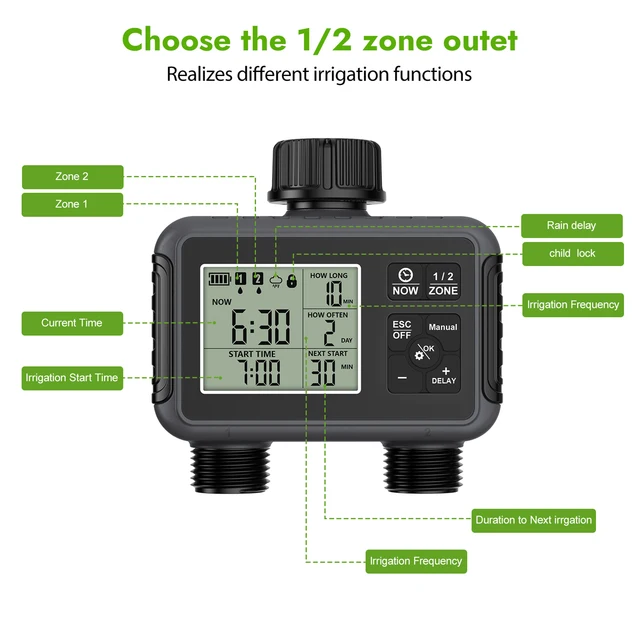 Water Timer Garden Irrigation System 2 Outlets Automatic Timing Valves Controller Rain Delay Watering Large LCD IPX5 Waterproof 6