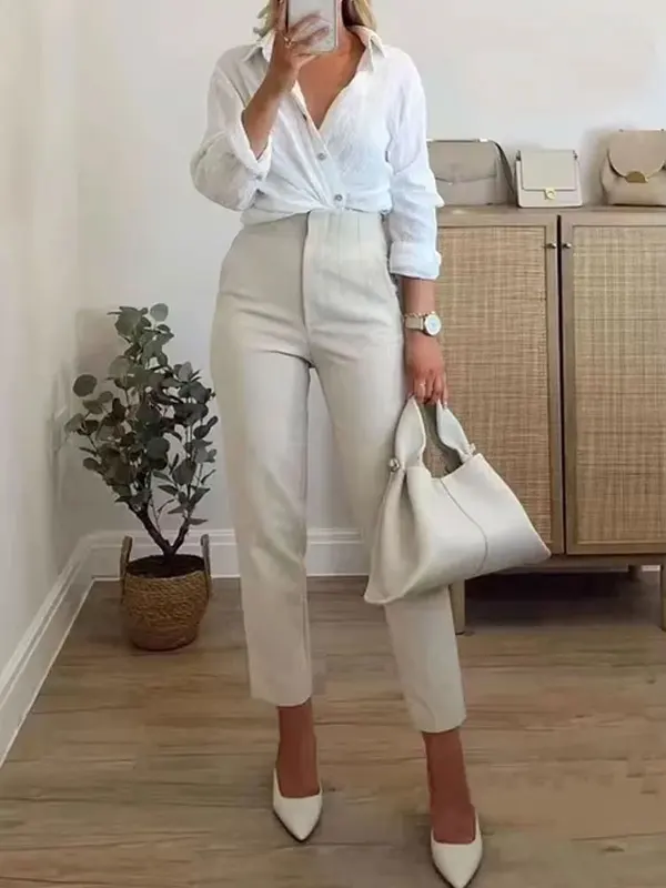 High Waist Solid Pants for Women Casual Basic Ankle Trousers with Pockets Zipper Fly Office Wear Pants Pantalones Mujer