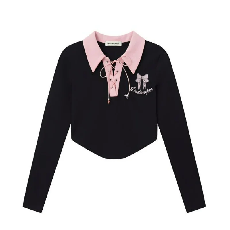 

Contrast Color Turn Down Collar Drawstring Crop Top Bowknot Embroidery Slim Tees Y2k Clothes Korean Long Sleeve Women T-shirts