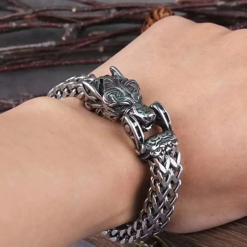 

Stainless Steel Men's Bracelet Viking Wolf Head Bracelet Punk Domineering Animal Trendy Mesh Chain Bangle Fashion Jewelry Gifts