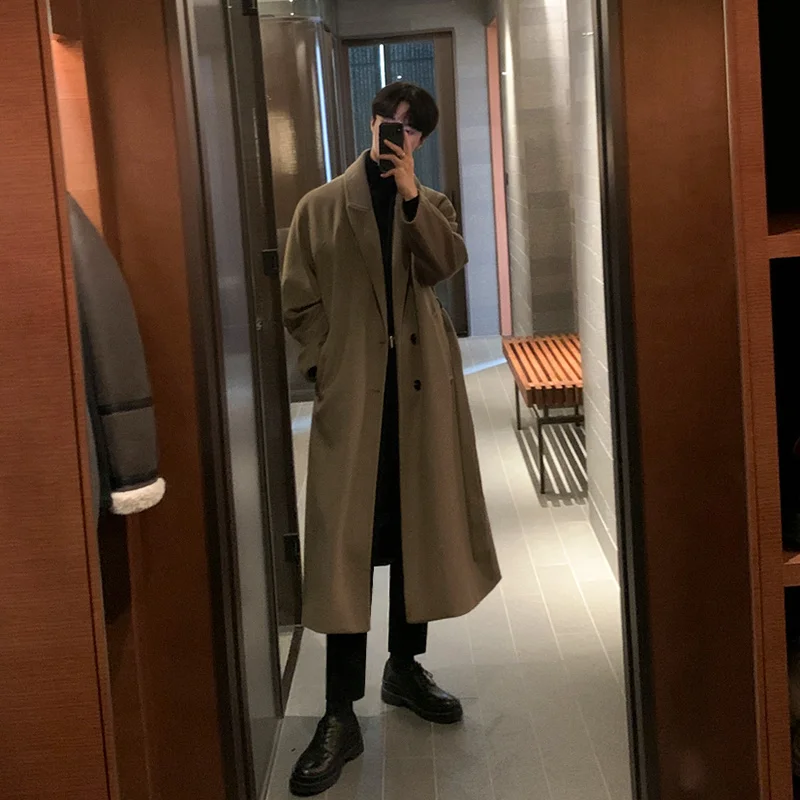 New Men Autumn Winter Coat Fashion Solid Color Atmospheric Long Single-breasted Loose Woolen Long Coat Korean Style All-match