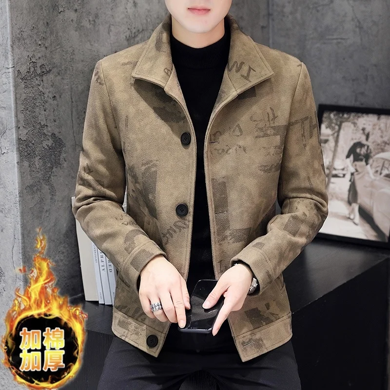 

Fashion Printer Jackers Men Winter Thick Warm Wool Blends Jacket Slim Fit Casual Business Short Trench Coat Social Clothing