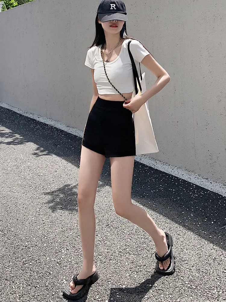 Short noir sexy taille haute pour femme, mini short, slim, serré au dos,  fermeture éclair, pantalon chaud pour femme, mode coréenne, tendance  estivale