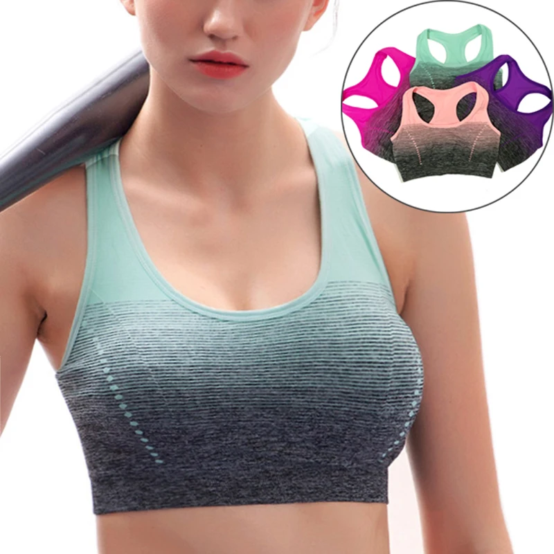 Sutien sport respirabil cu elasticitate ridicată Fiess pentru femei, căptușit pentru alergare, yoga, sală de sport, fără cusături, crop, gradient_voghion.com