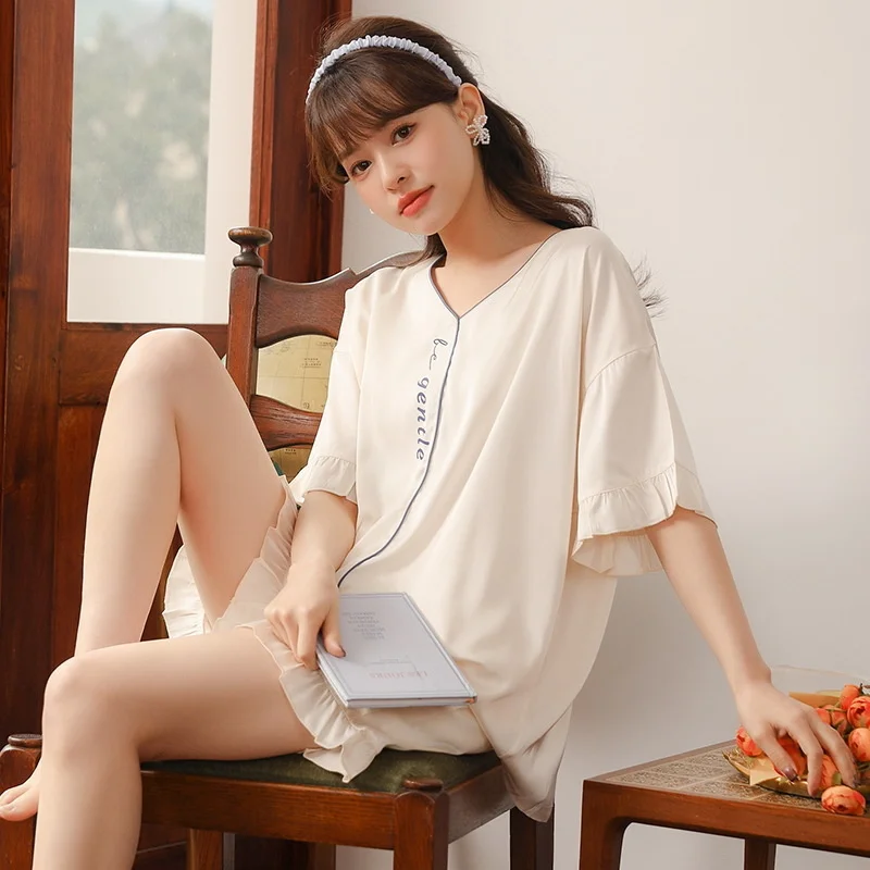 Spring And Autumn Pajamas, Women's Summer New Ice Silk Short Sleeved Shorts, Korean Version Large Thin Home Clothes pajama sets