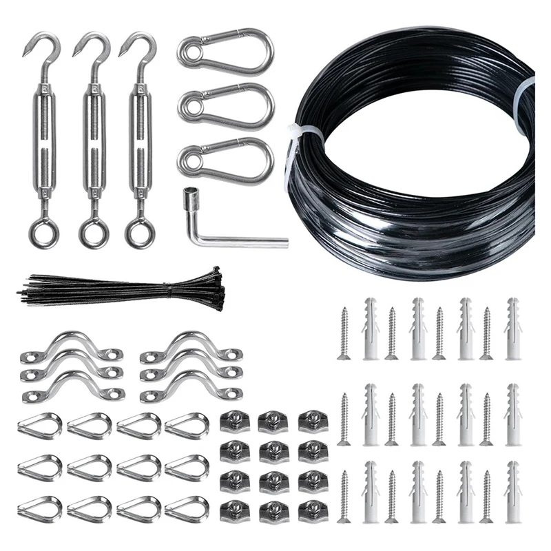 ABWZ-Outdoor String Light Hanging Kit, 200 Ft. Stainless Steel (304) Hanging Rope Cable, Black Vinyl Coating, Swivel Buckle