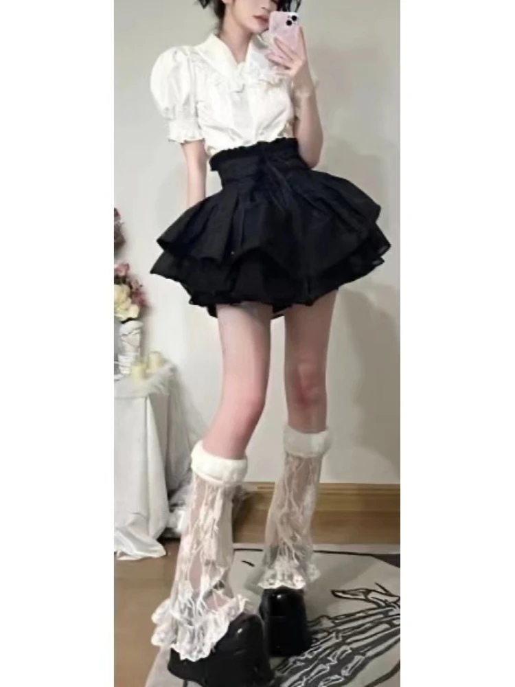 

Elegant Casual Y2k 2 Piece Dress Set Women White Short Sleeve Tops + Bow Black Mini Skirts 2023 Summer Korean Fashion Suits