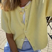 Hirigin-Cardigan court à manches courtes pour femme, t-shirt boutonné, tricot de lit, vêtements d'extérieur pour filles, Y2k 2