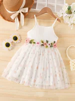 Robe à fleurs 3D à caraco blanc – Robe de princesse douce féerique pour filles, ourlet en tulle floral 3