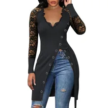 

Fashion Women V-Neck Spring Casual Tops Solid Color Long Sleeve Sexy V-Neck Elegant Pullover Lace Patchwork Asymmetrical Shirt
