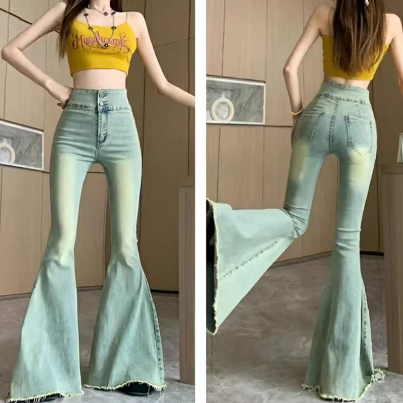 Lucyever 심미적 핫 스키니 플레어 청바지, 빈티지 슬림 핏 하이 웨이스트 데님 팬츠, Y2K 스트리트웨어, 와이드 레그 팬츠