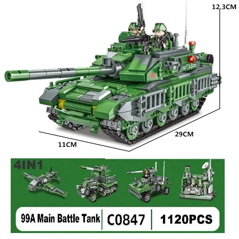 

1120PCS WW2 Military Army Weapon 4IN1 99A Main Battle Tank Building Blocks Creative Soldier DIY Bricks Toys For Kid Boys Gifts