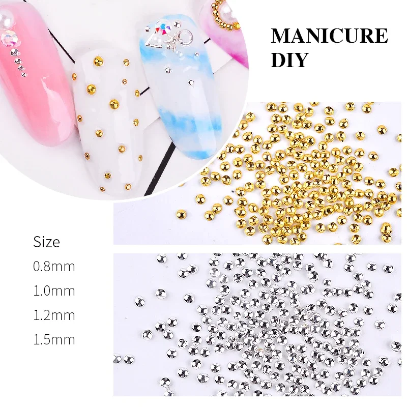 2 Packs Approx 2000pcs Gold Silver Mini Caviar Beads 0.8mm/1mm/1.2mm/1.5mm Half Round Metal Nail Studs Nail Art Decorations 5