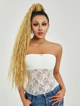 Women's Ruched Tube Tops Strapless Lace Patchwork 3D Rosette Front Bandeau Tops 2