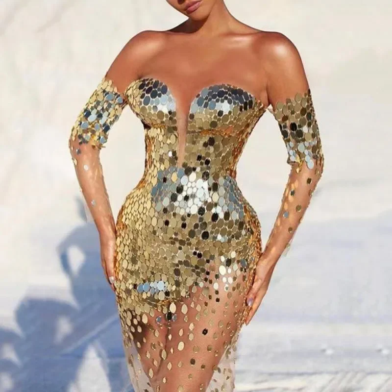 

Women's Sexy Dress Autumn/Winter New Elegant Evening Gown One line Bra Long Sleeve Mesh Perspective A-line Slim Fit Sequin Dress