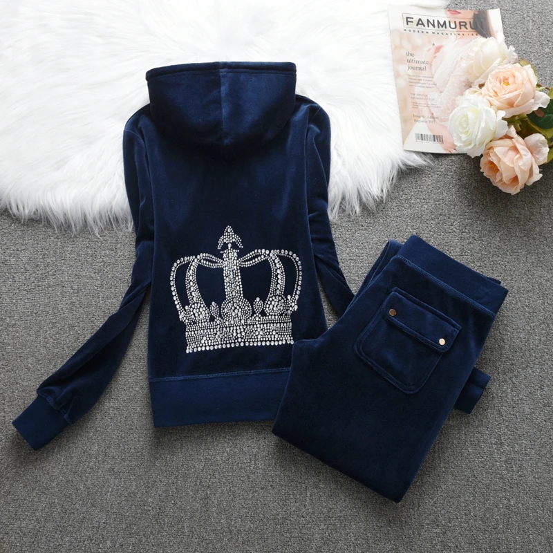 Elegant Women's Set 2025 Spring Fall Women's Zipper Jacket Crystal Crown and Trousers Set 5