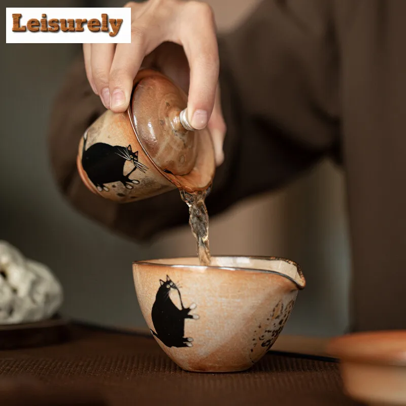100ml Hand-painted Silver Kiln Change Gaiwan Wood-fired Porcelain Zhiye Cat Tea Tureen Tea Making Cover Bowl Drinkware Gift