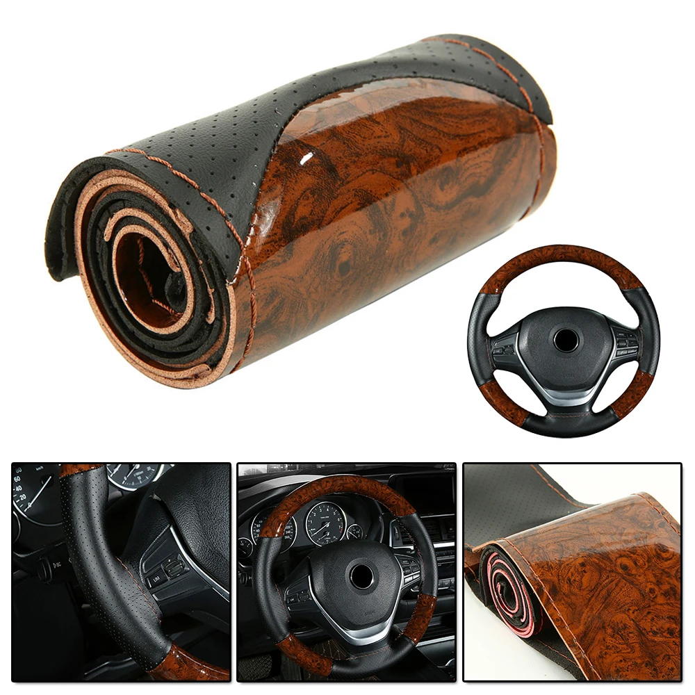 Car Steering Wheel Braid Cover Fit 37-38cm Peach Wood DIY Car Truck Leather Steering Wheel Cover With Needles And Thread