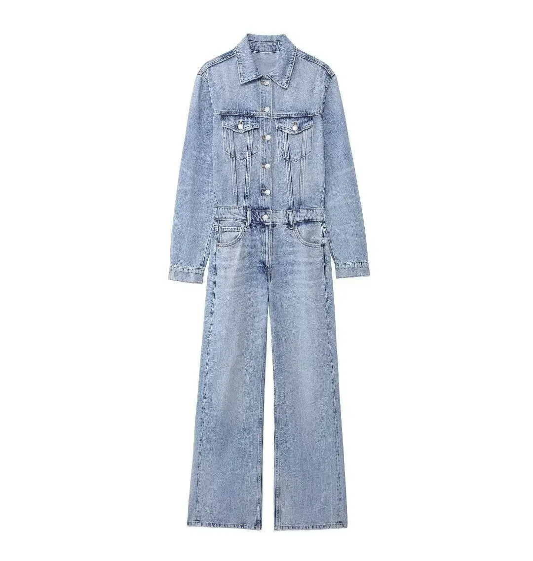 

Women's 2024 New Fashion Multi Pocket Decoration Casual Lapel Denim jumpsuit Retro Long sleeved Button up Women's jumpsuit Mujer