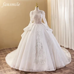 Fansmile New O Neck Full Sleeve Luxury Lace Ball Gown Wedding Dresses 2023 Royal Train Wedding Gowns Bridal Dress FSM-244T