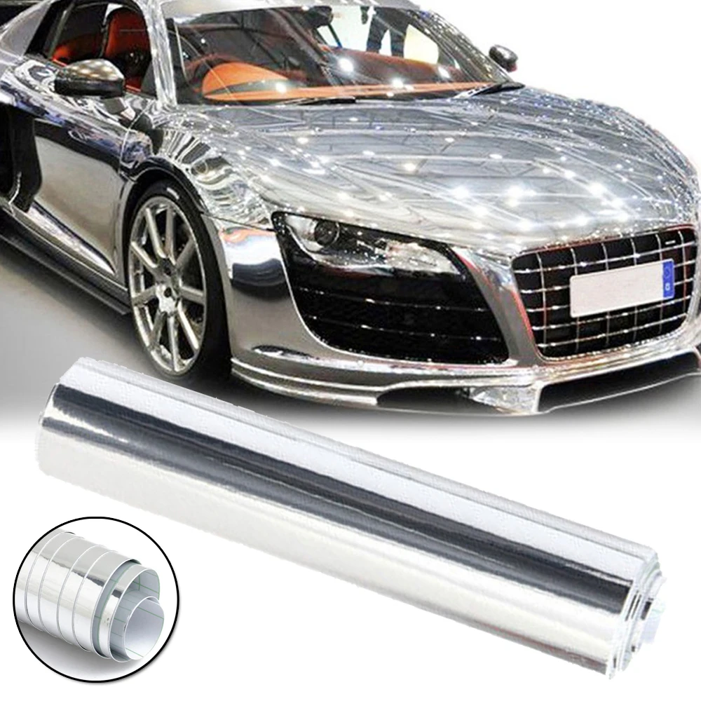 152Cm Car Sticker Wrap Accessori Chrome Film Mirror Pvc Quick Release Roll Pvc Silver Decor Stickers Protezione Uv Waving-Up